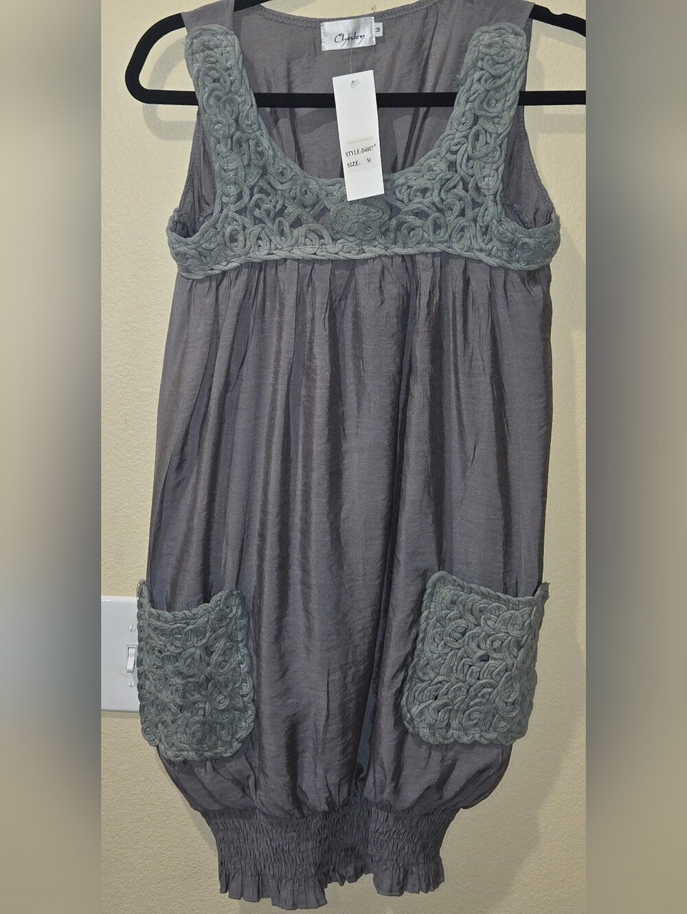 Chesley Gray Sleeveless Crochet Pocket Smocked Hem Summer Dress